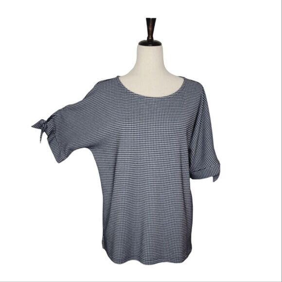 Talbots Navy Blue & White Gingham Tie Elbow Sleeve Blouse Size L - Picture 2 of 7
